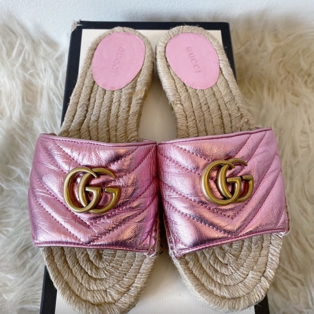 Gucci Pilar Raffia Sandals Pink Leather Espadrille Slide GG Marmont size 38